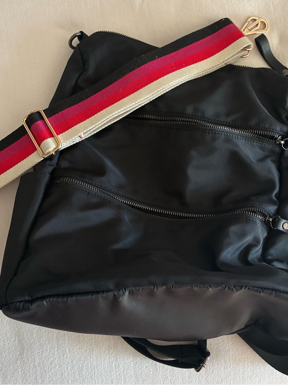 Black Nylon Backpack with Red & Pink Accent Strap